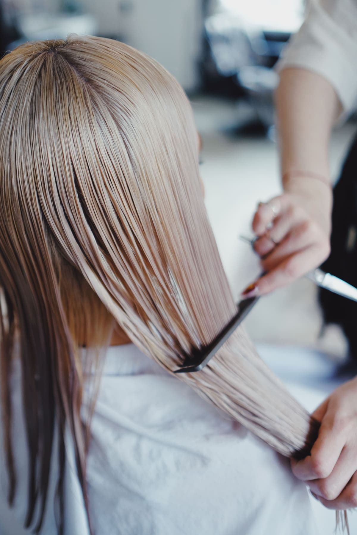 Estilista peinando el pelo mojado de una clienta antes del corte